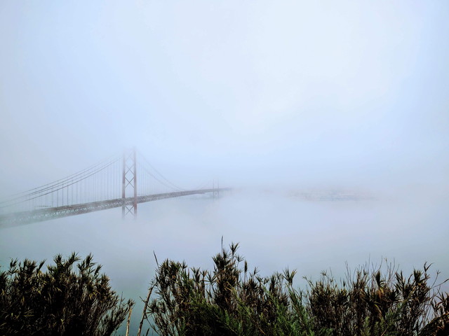 霧に隠れた4月25日橋
